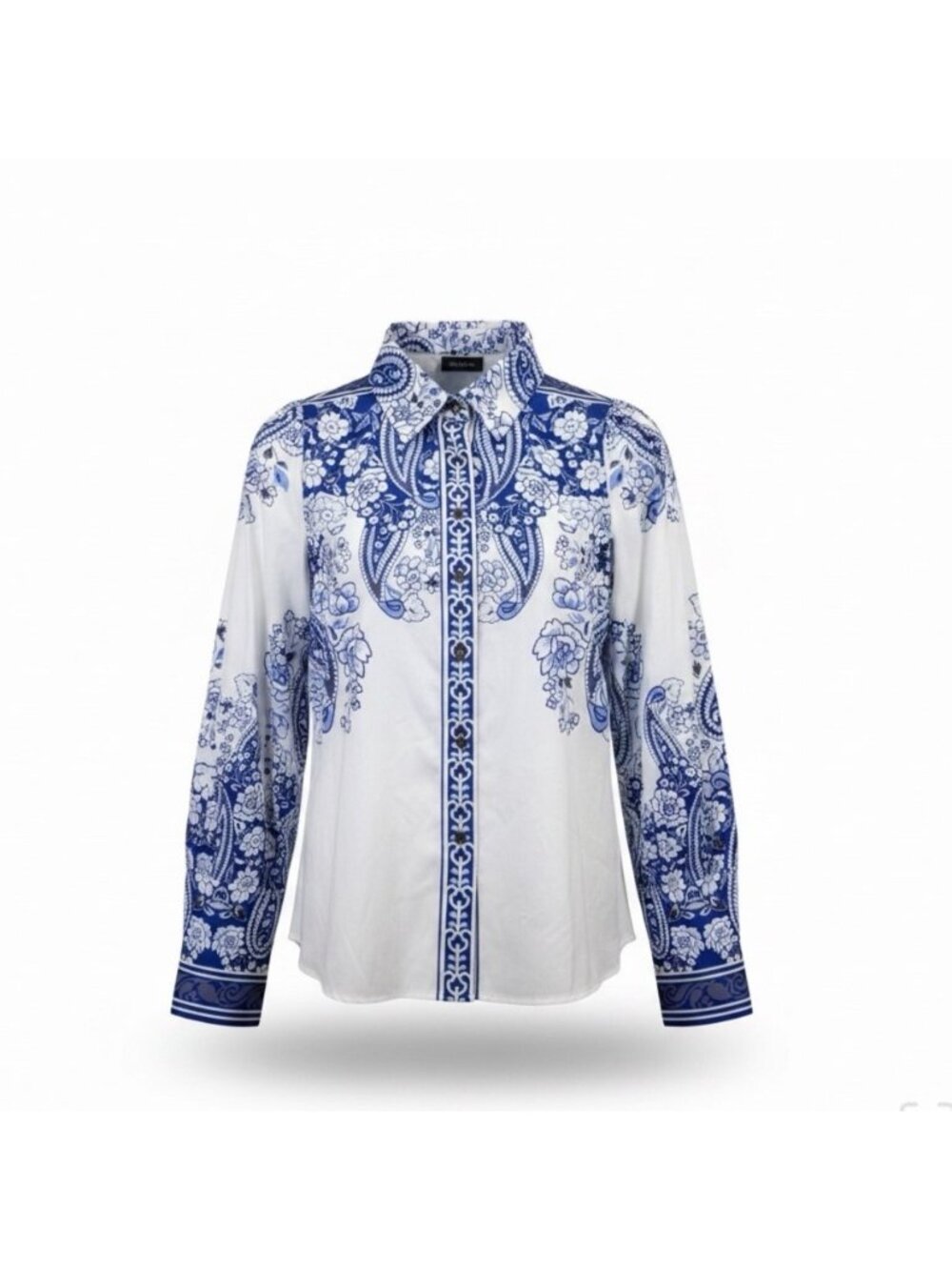 Stylewe Womens Blue White Floral Long-Sleeve Blouse Elegant Shirt Size M